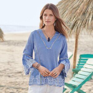 Sundance Catalogue Blue Bohemian Embroidered Bell Sleeve Top Size Medium Boho M‎